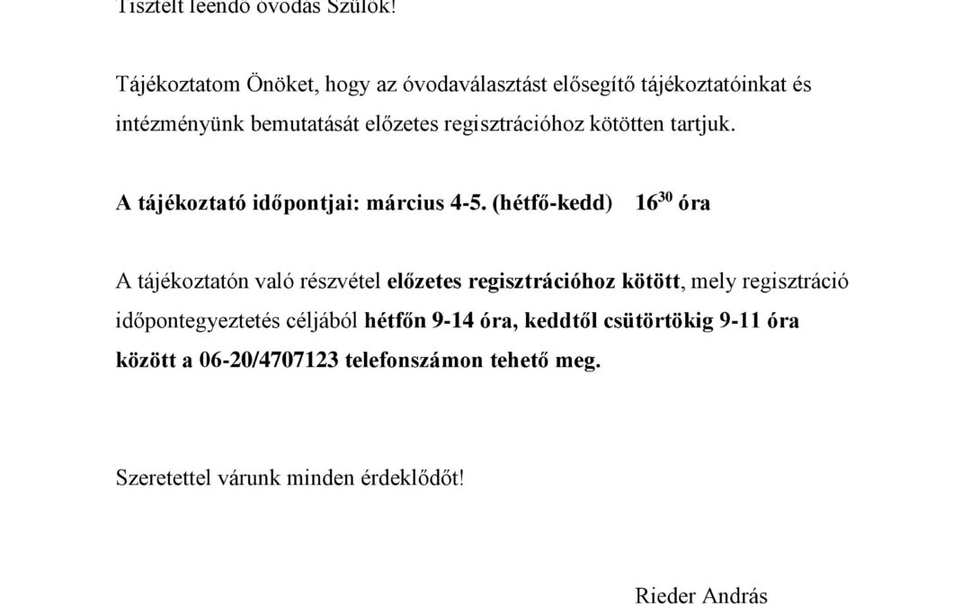 Tájékoztató leendő óvodás szülőknek